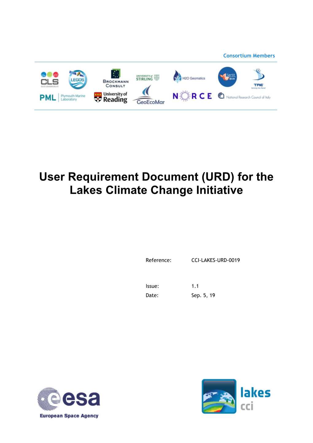 User Requirement Document (URD) for the Lakes Climate Change Initiative