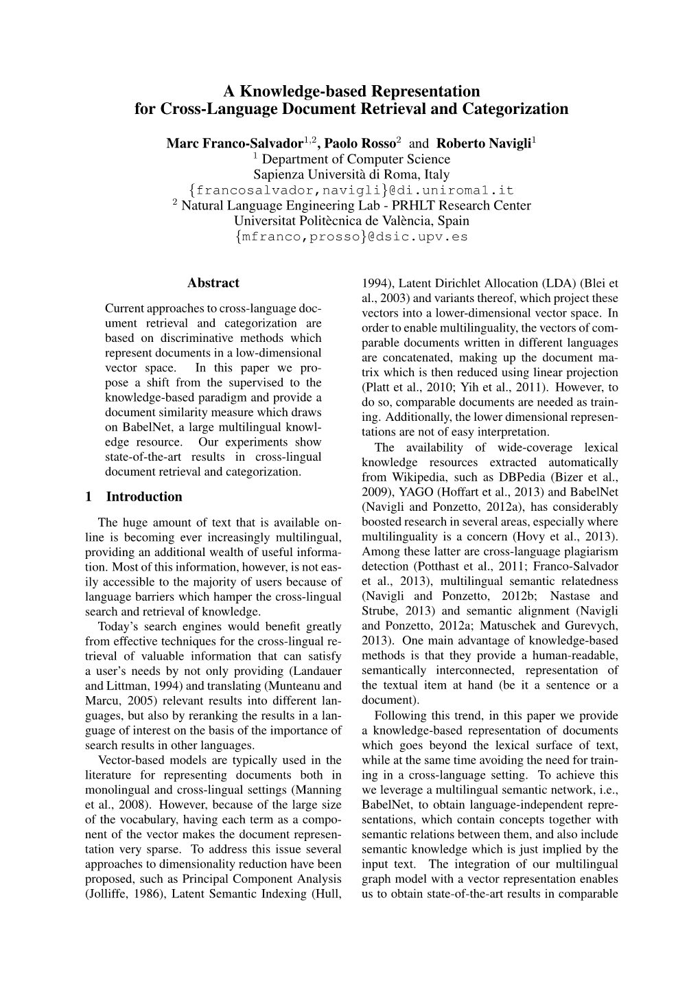 A Knowledge-Based Representation for Cross-Language Document Retrieval and Categorization