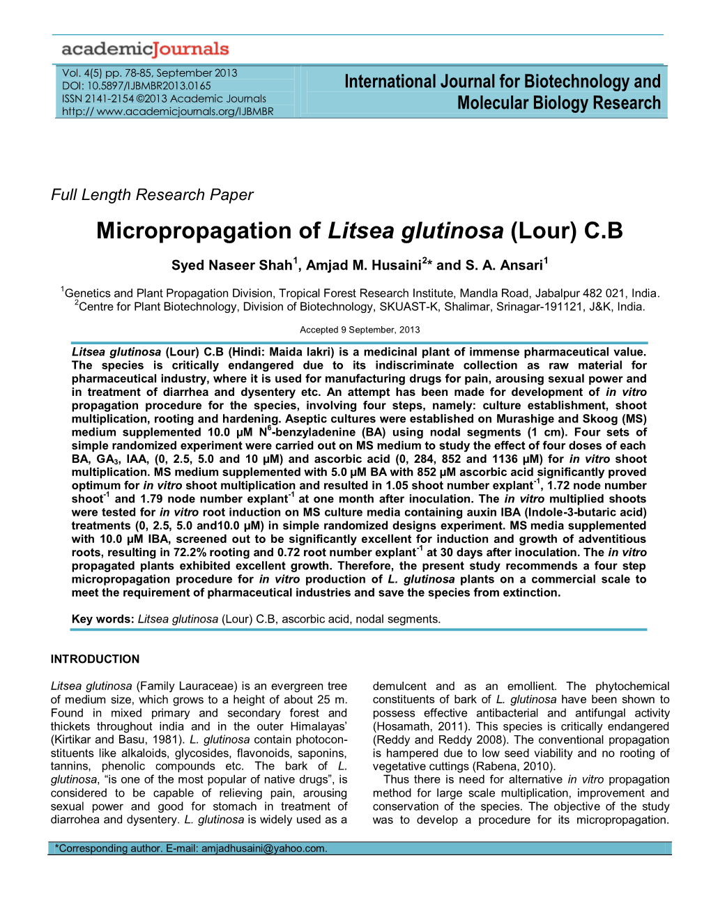 Micropropagation of Litsea Glutinosa (Lour) C.B
