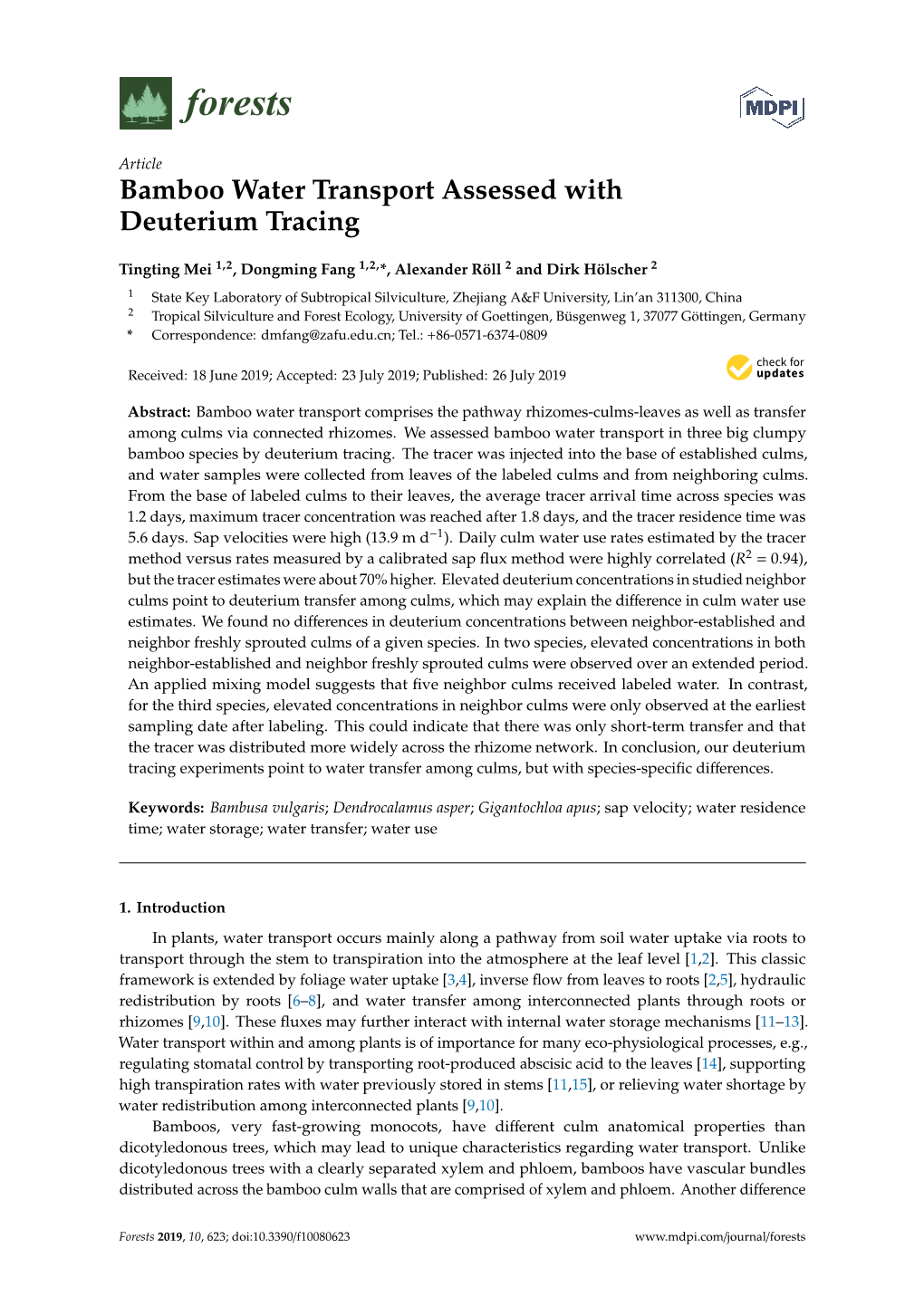 Bamboo Water Transport Assessed with Deuterium Tracing