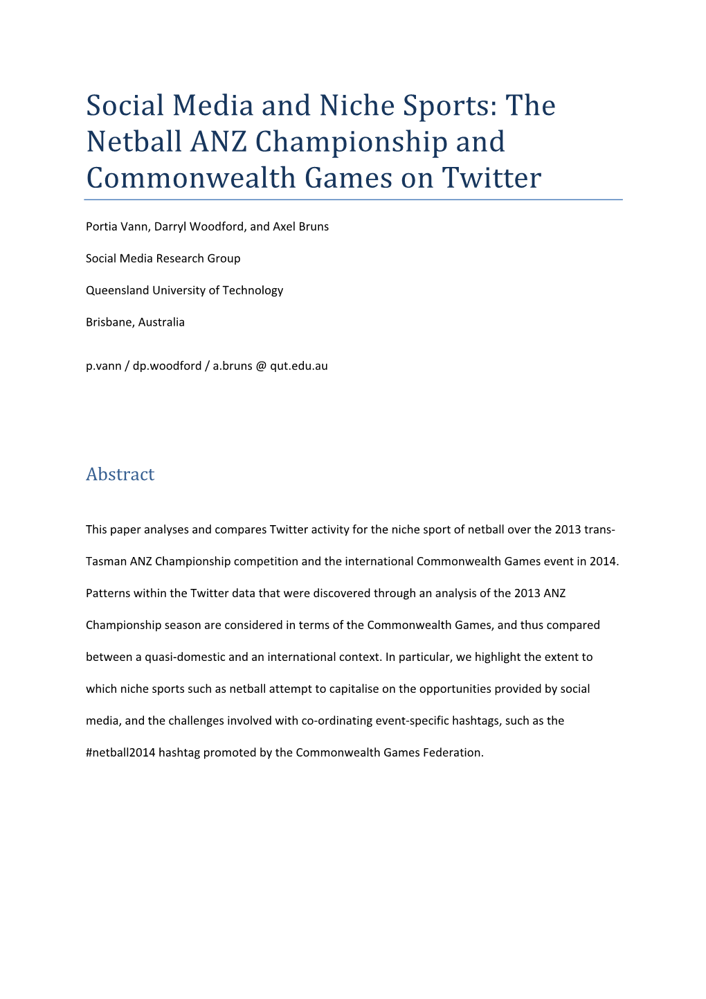 Social Media and Niche Sports: the Netball ANZ Championship and Commonwealth Games on Twitter