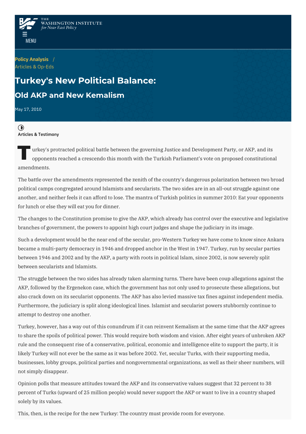 Turkey's New Political Balance: Old AKP and New Kemalism | The