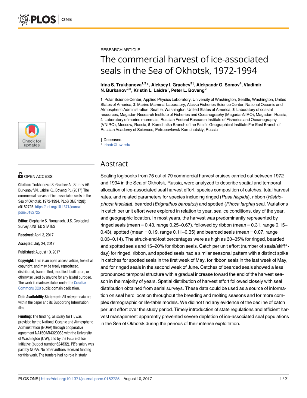 The Commercial Harvest of Ice-Associated Seals in the Sea of Okhotsk, 1972-1994