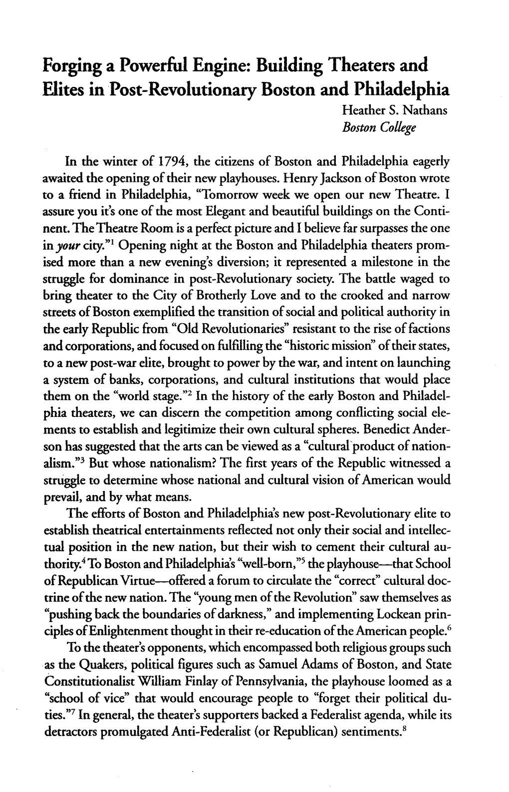 Building Theaters and Elites in Post-Revolutionary Boston and Philadelphia Heather S