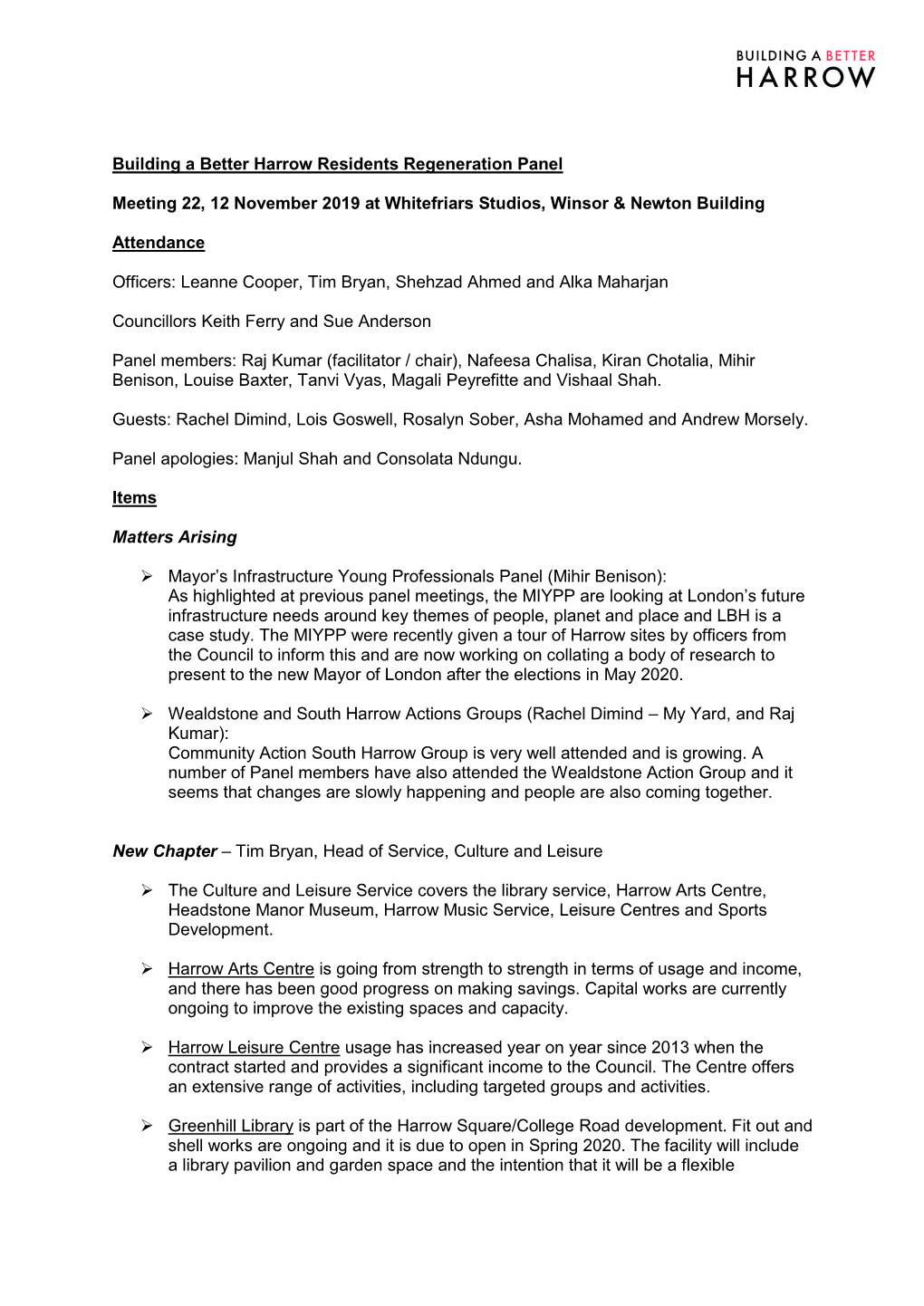 Building a Better Harrow Residents Panel Meeting Report 22 12.11.19