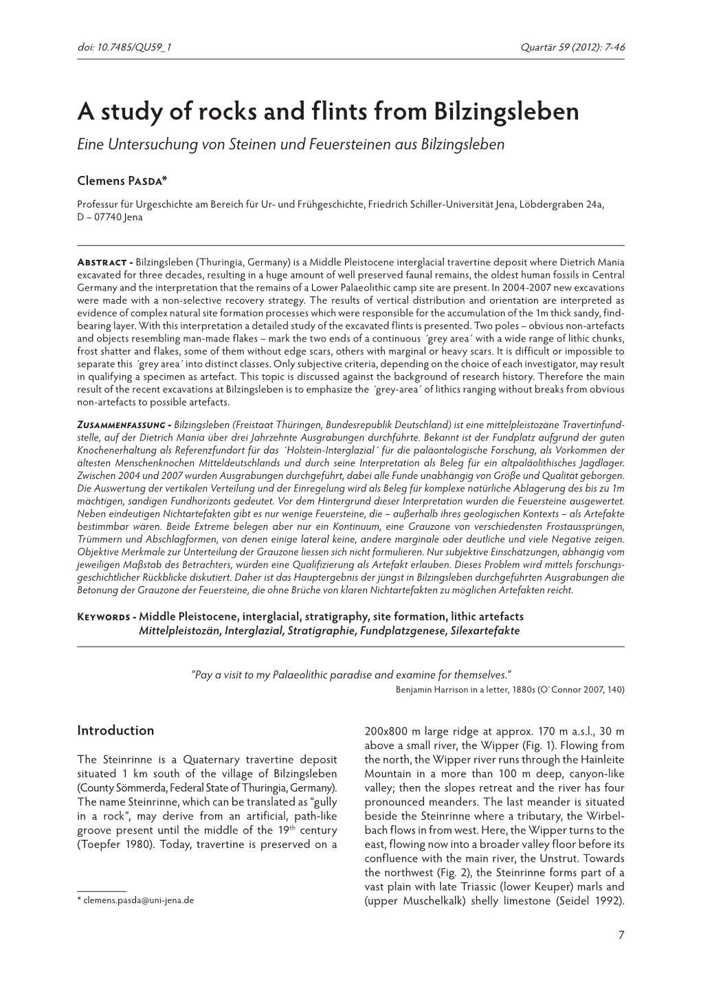 A Study of Rocks and Flints from Bilzingsleben Eine Untersuchung Von Steinen Und Feuersteinen Aus Bilzingsleben