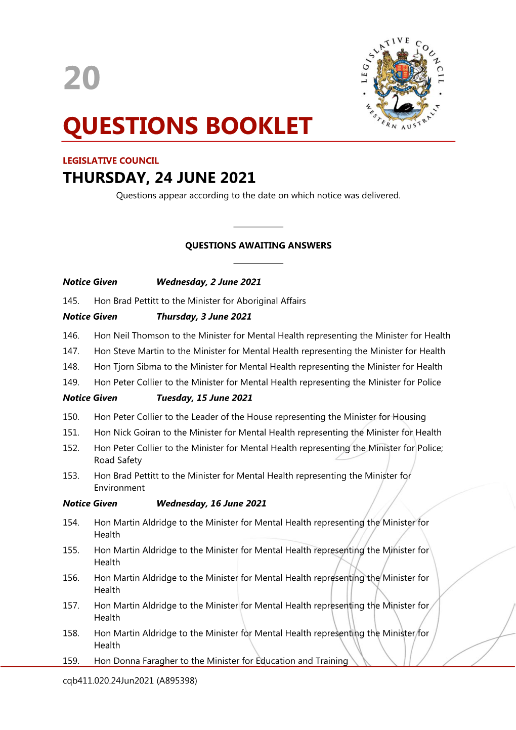 Questions Booklet No 20