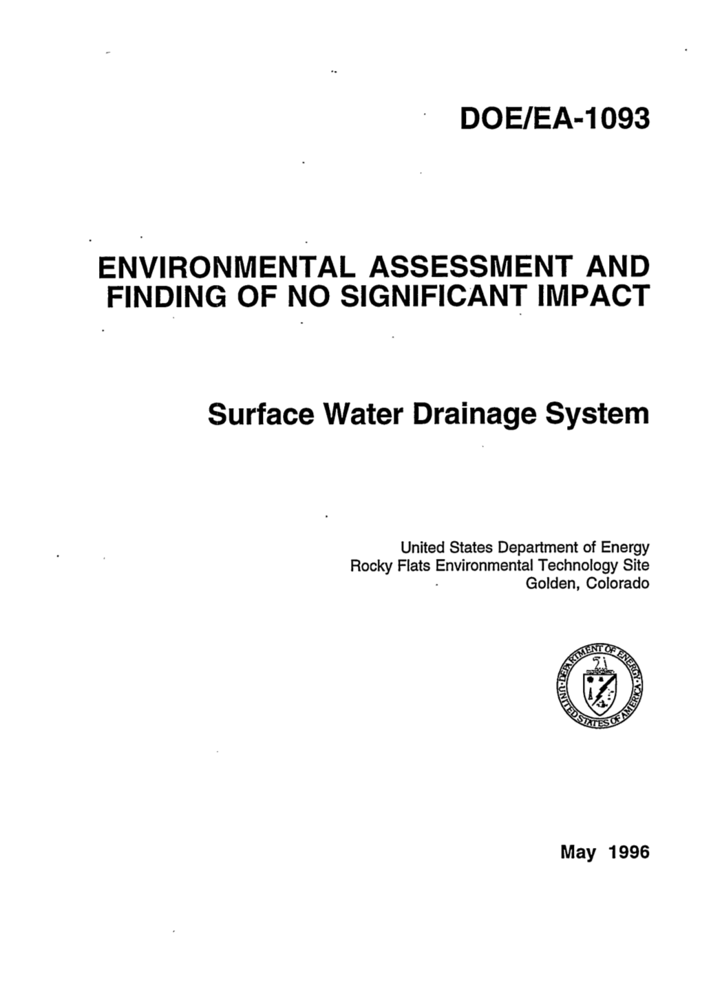 U.S. Department of Energy Finding of No Significant Impact Surface Water Drainage System at Rocky Flats Environmental Technology Site