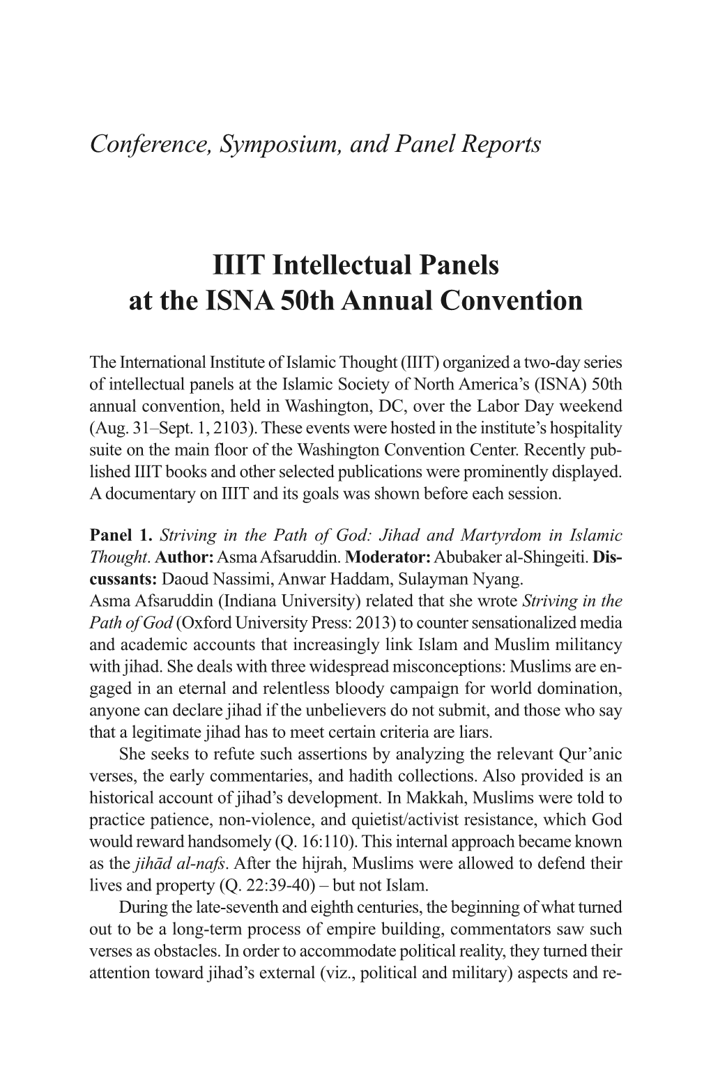 IIIT Intellectual Panels at the ISNA 50Th Annual Convention