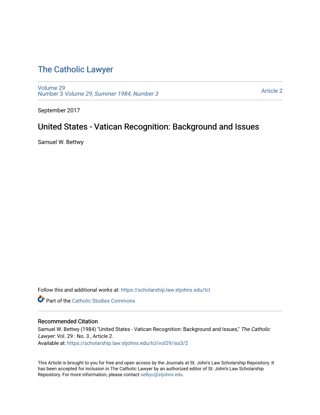 United States - Vatican Recognition: Background and Issues