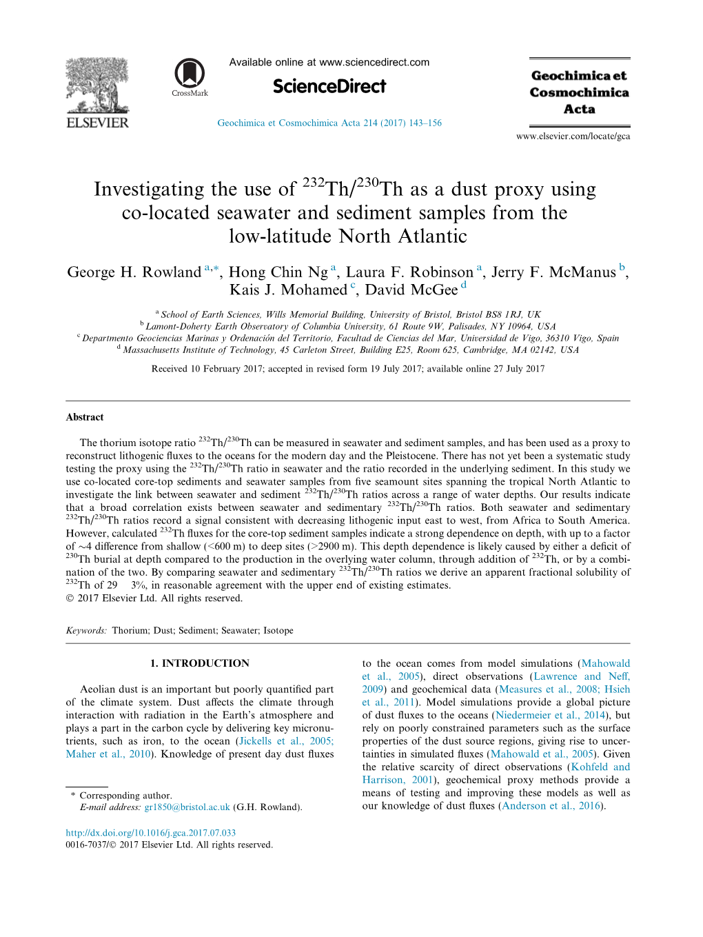 Investigating the Use of 232Th/230Th As a Dust Proxy Using Co-Located Seawater and Sediment Samples from the Low-Latitude North Atlantic