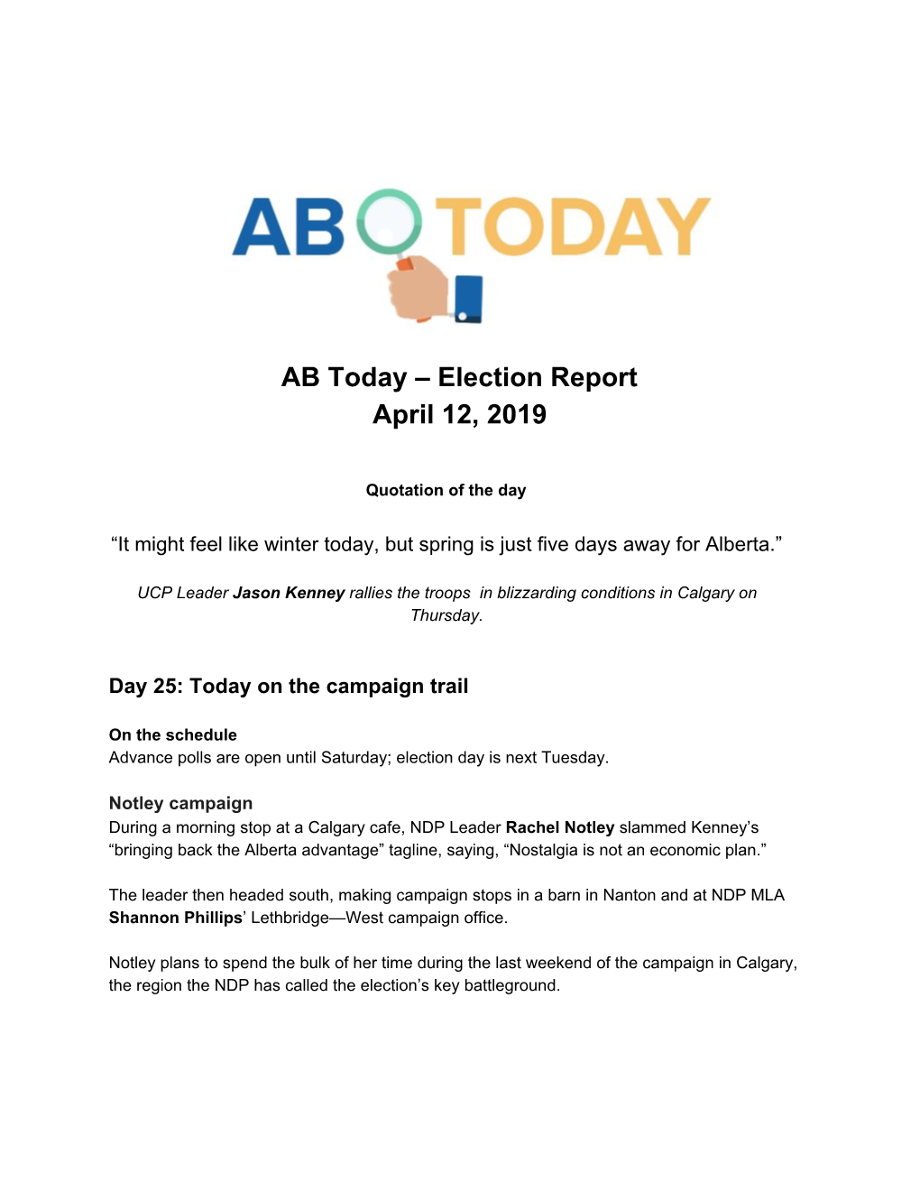 AB Today – Election Report April 12, 2019