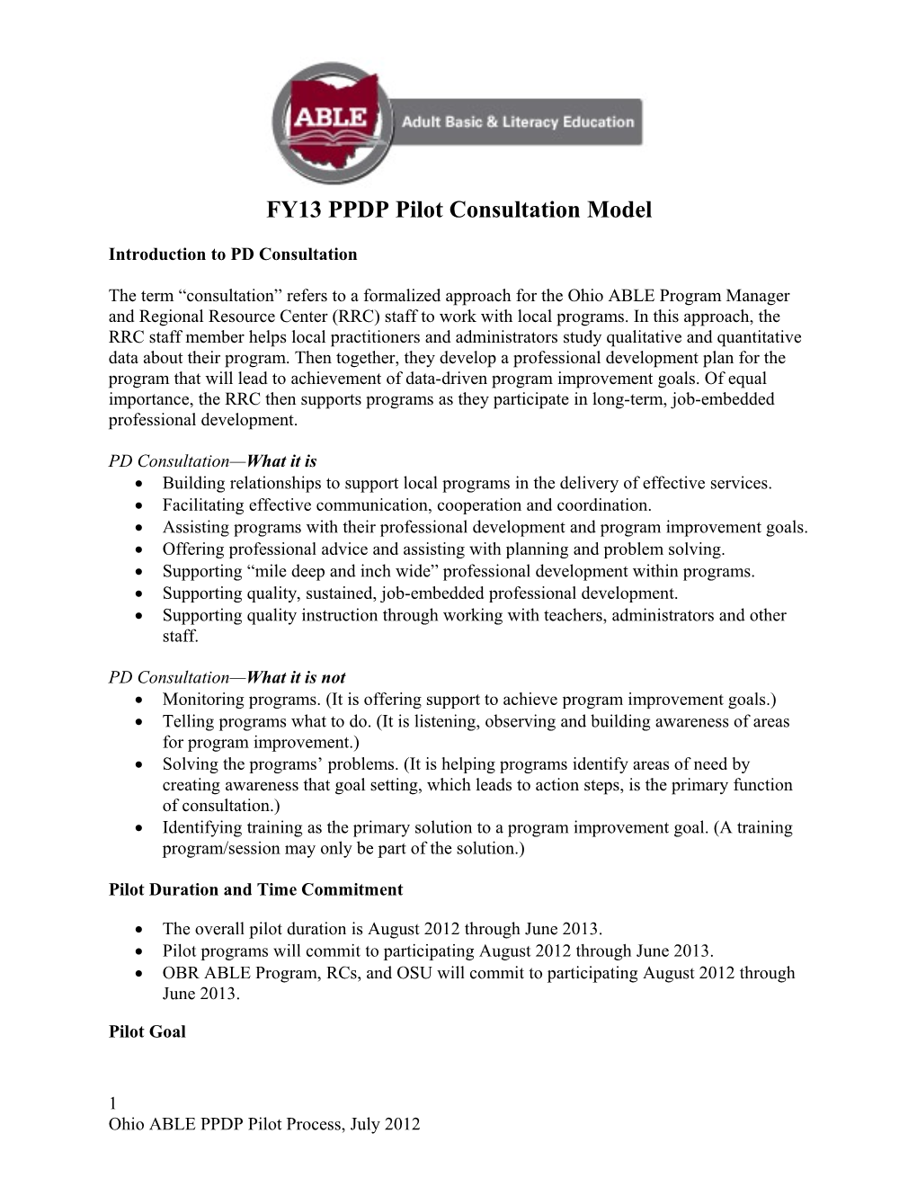 FY13 PPDP Pilot Consultation Model