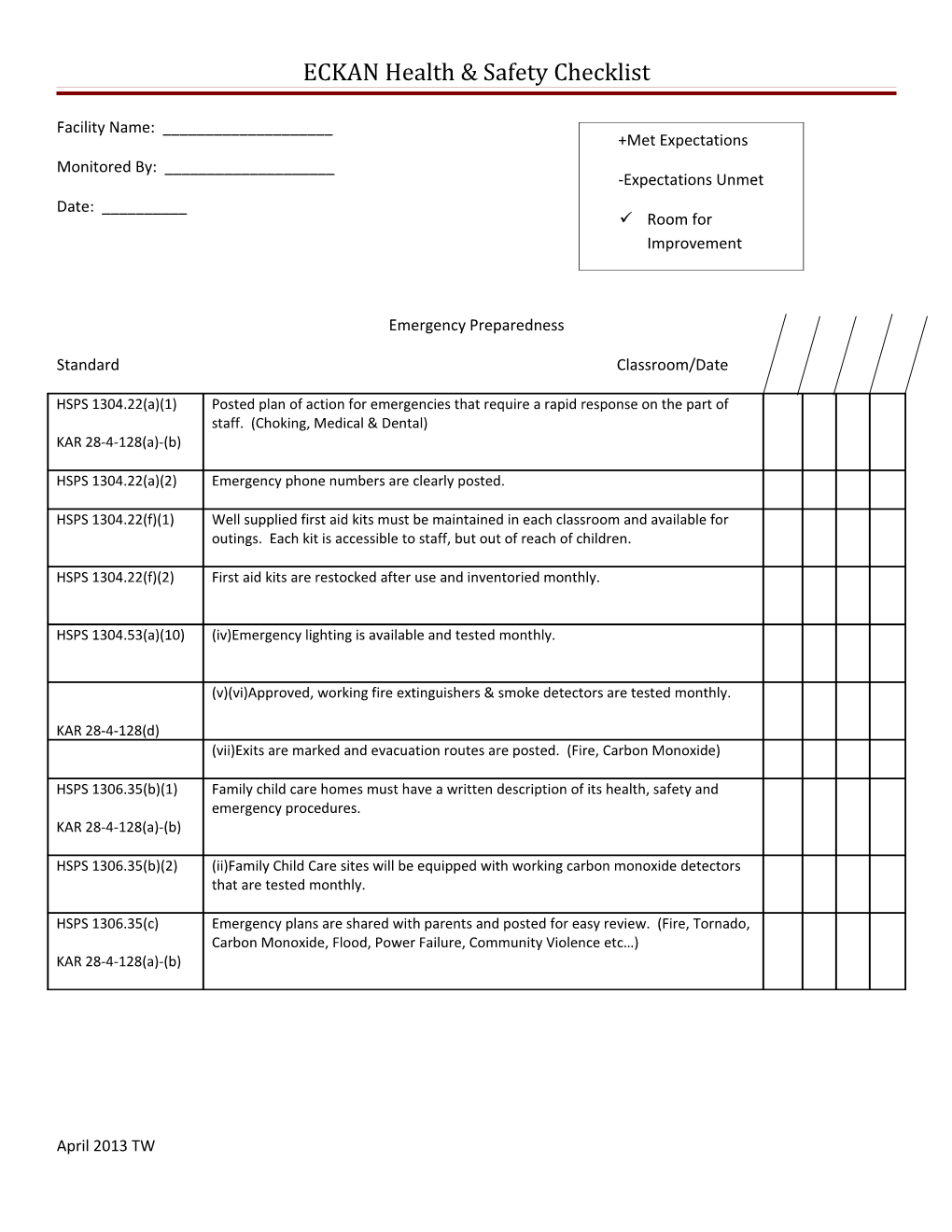 ECKAN Health & Safety Checklist