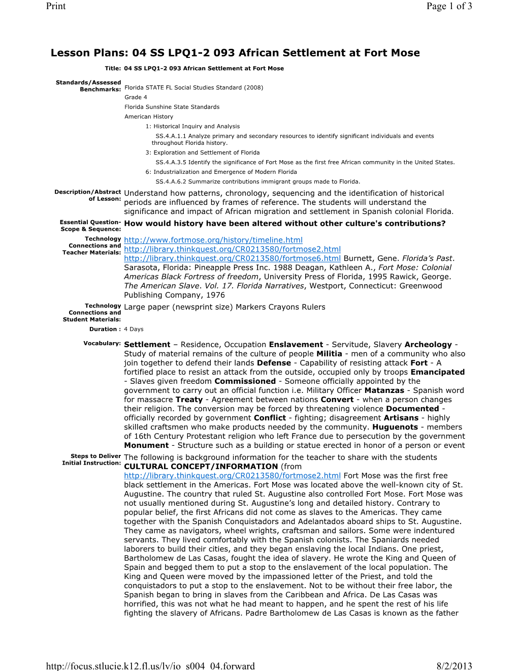 Lesson Plans: 04 SS LPQ1-2 093 African Settlement at Fort Mose