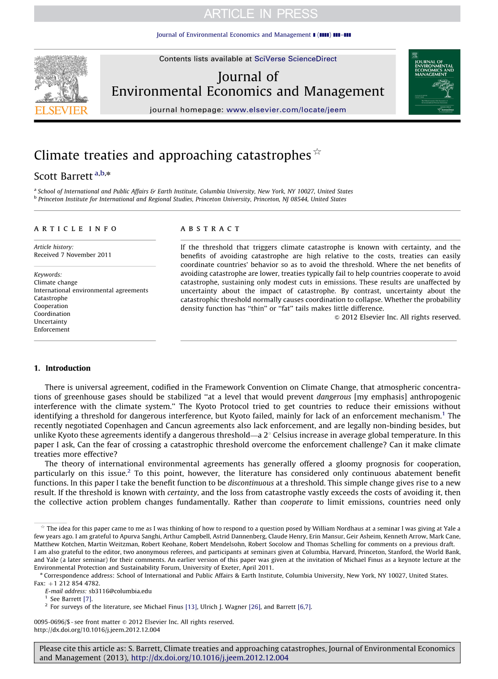 Climate Treaties and Approaching Catastrophes, Barrett.Pdf