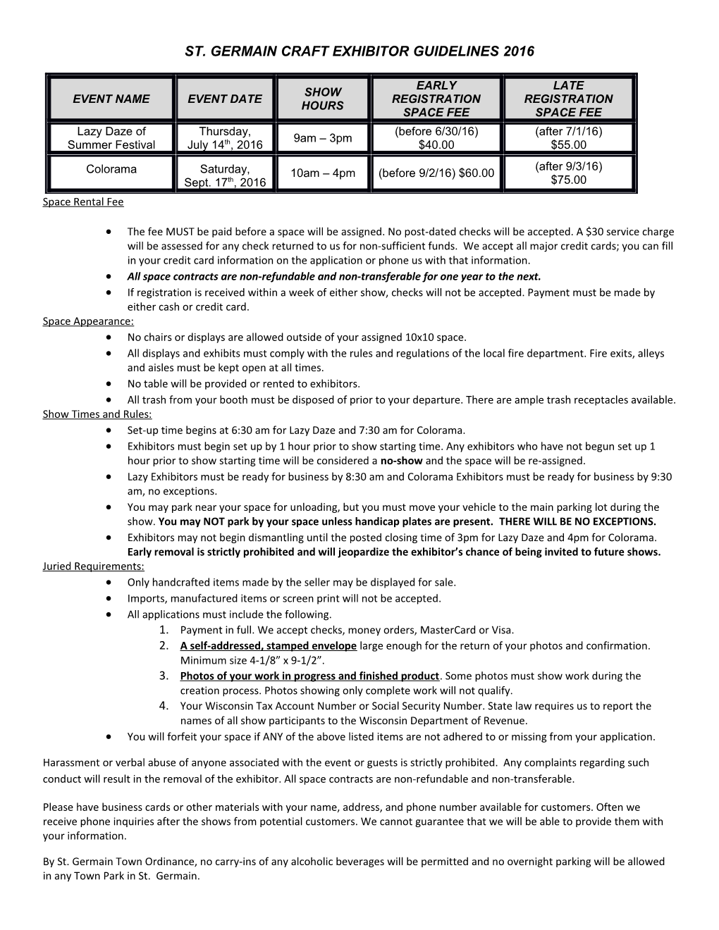 St. Germain Craft Exhibitor Guidelines 2016