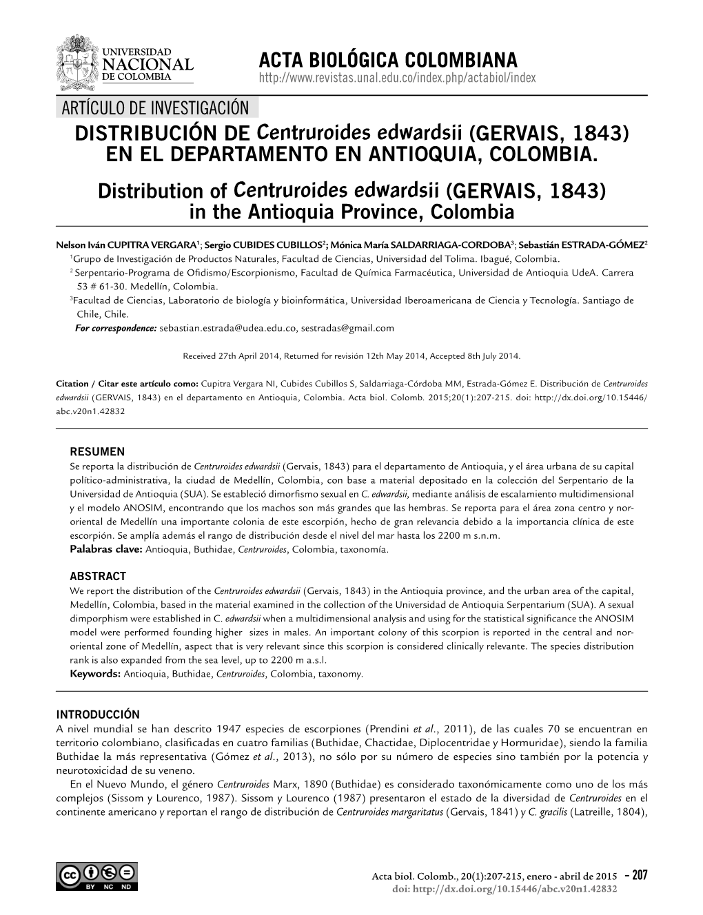 DISTRIBUCIÓN DE Centruroides Edwardsii (GERVAIS, 1843) EN EL DEPARTAMENTO EN ANTIOQUIA, COLOMBIA