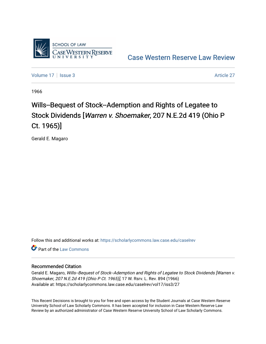 Wills--Bequest of Stock--Ademption and Rights of Legatee to Stock Dividends [Warren V