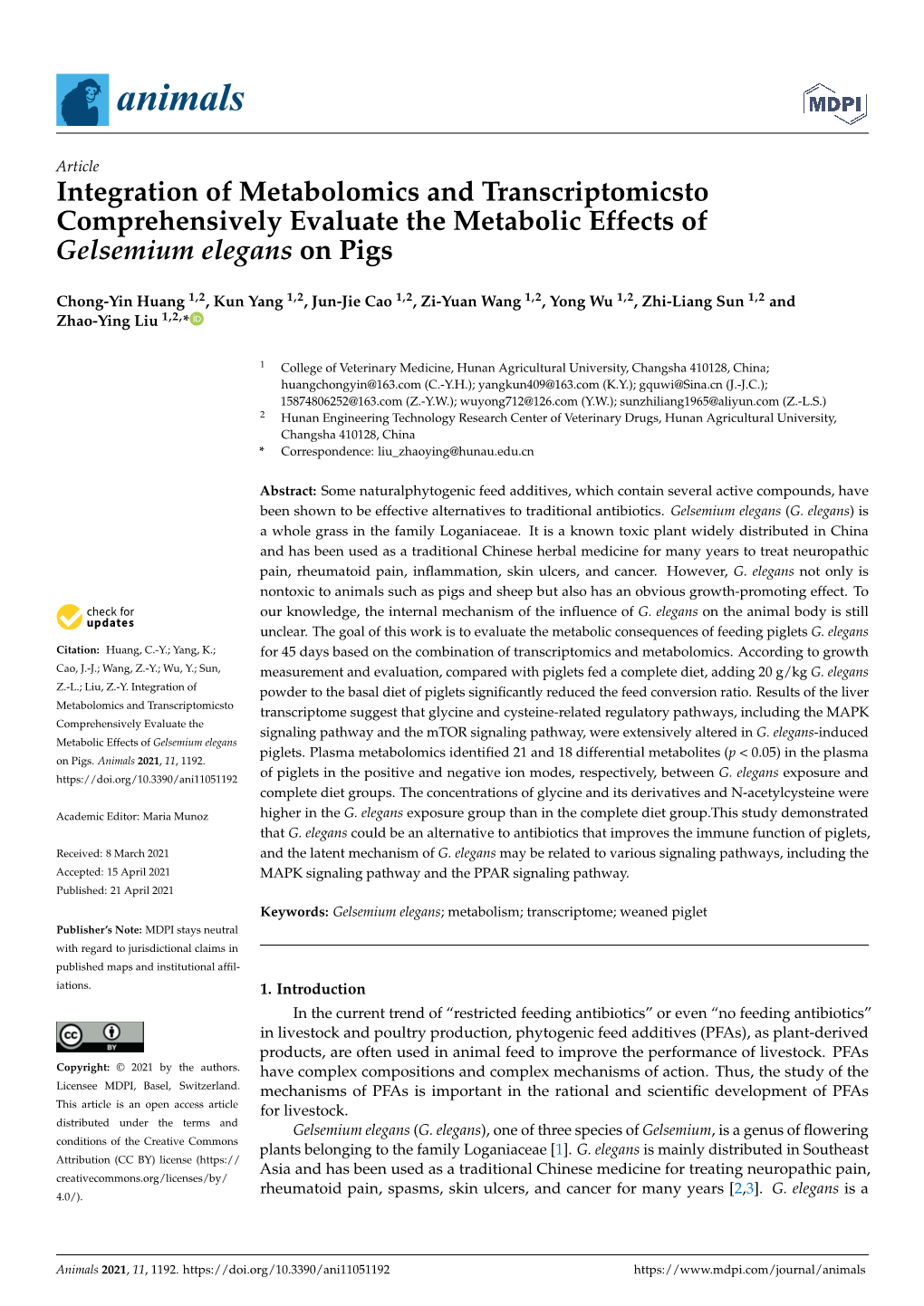 Integration of Metabolomics and Transcriptomicsto Comprehensively Evaluate the Metabolic Effects of Gelsemium Elegans on Pigs