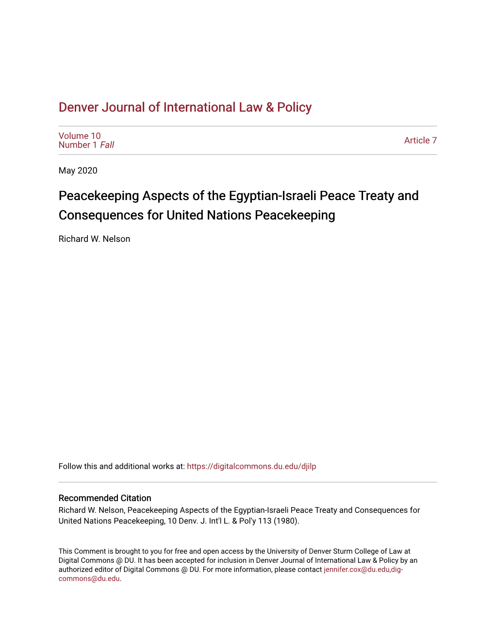 Peacekeeping Aspects of the Egyptian-Israeli Peace Treaty and Consequences for United Nations Peacekeeping