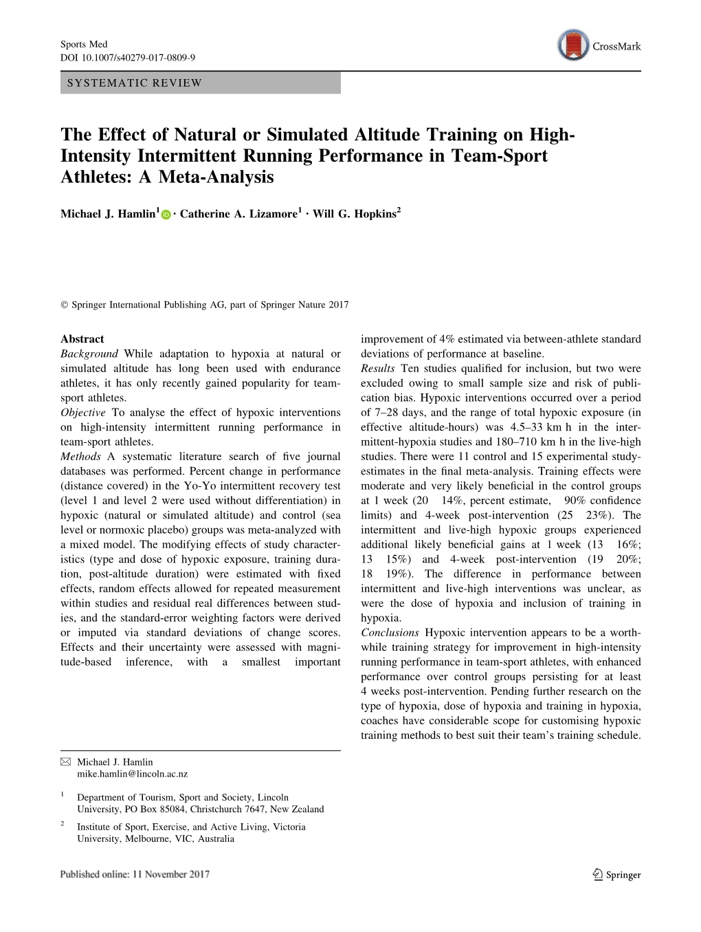 The Effect of Natural Or Simulated Altitude Training on High- Intensity Intermittent Running Performance in Team-Sport Athletes: a Meta-Analysis