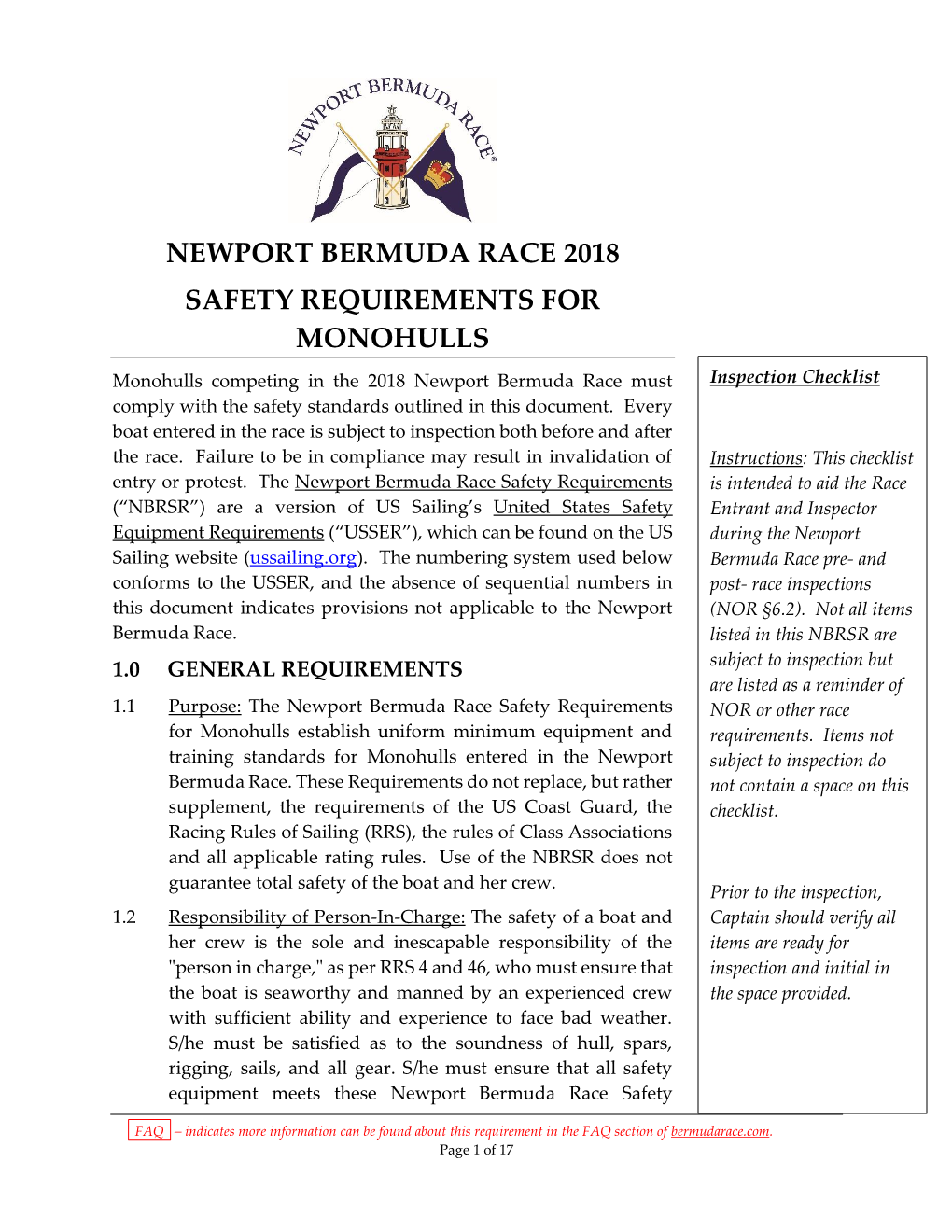 Safety Requirements for Monohulls Checklist Version