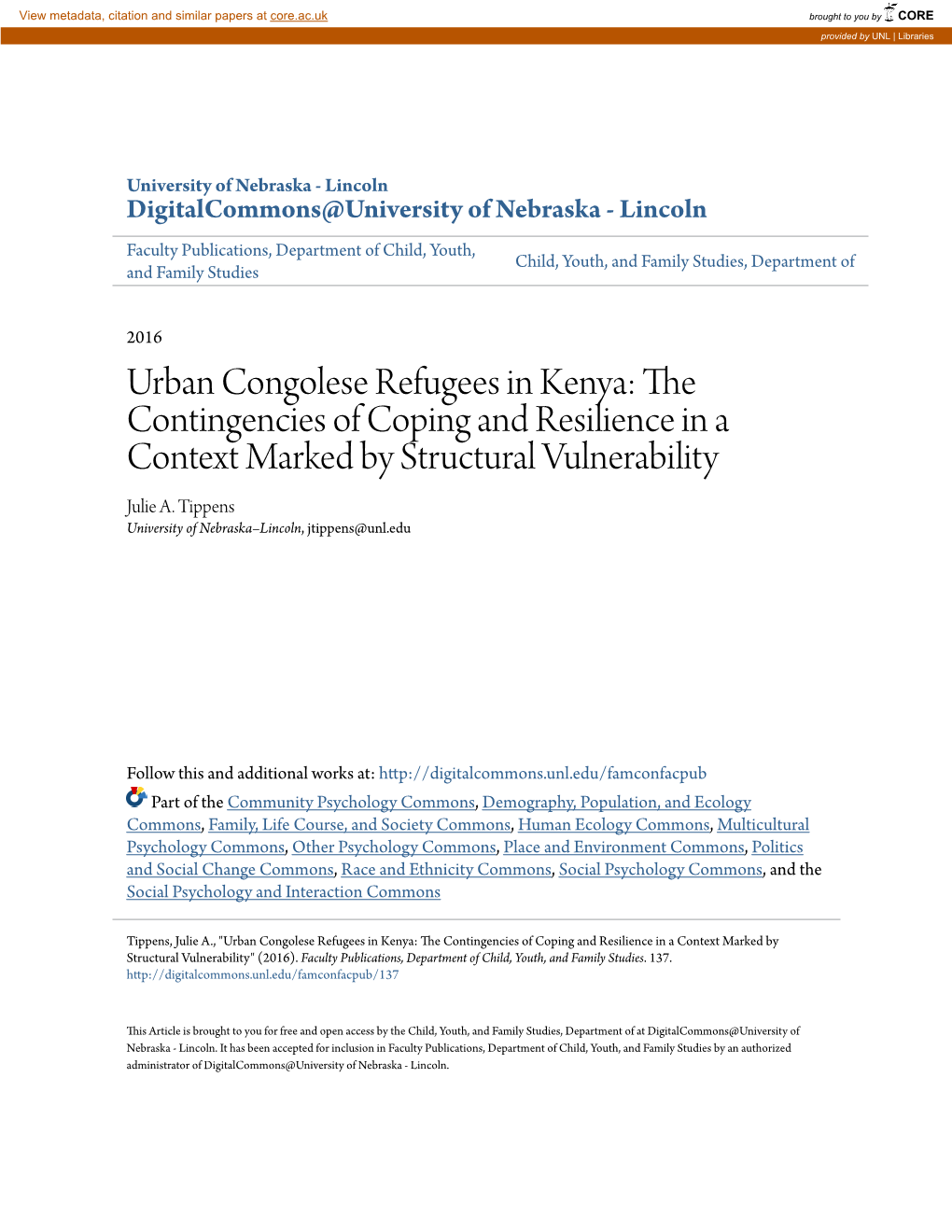 Urban Congolese Refugees in Kenya: the Contingencies of Coping and Resilience in a Context Marked by Structural Vulnerability Julie A