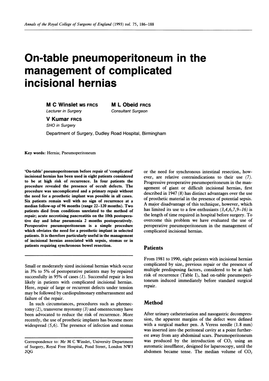 On-Table Pneumoperitoneum in the Management of Complicated Incisiona Hernias