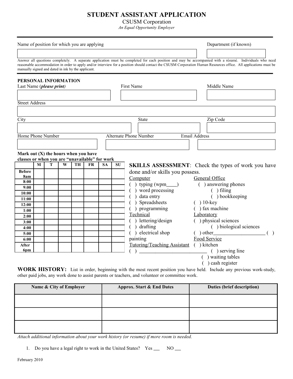 Student Employment Application