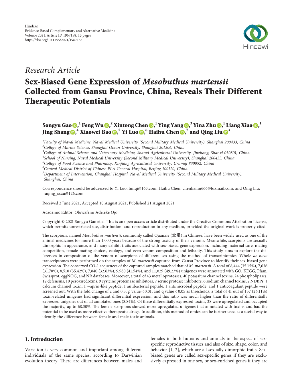 Research Article Sex-Biased Gene Expression of Mesobuthus Martensii Collected from Gansu Province, China, Reveals Their Different Therapeutic Potentials