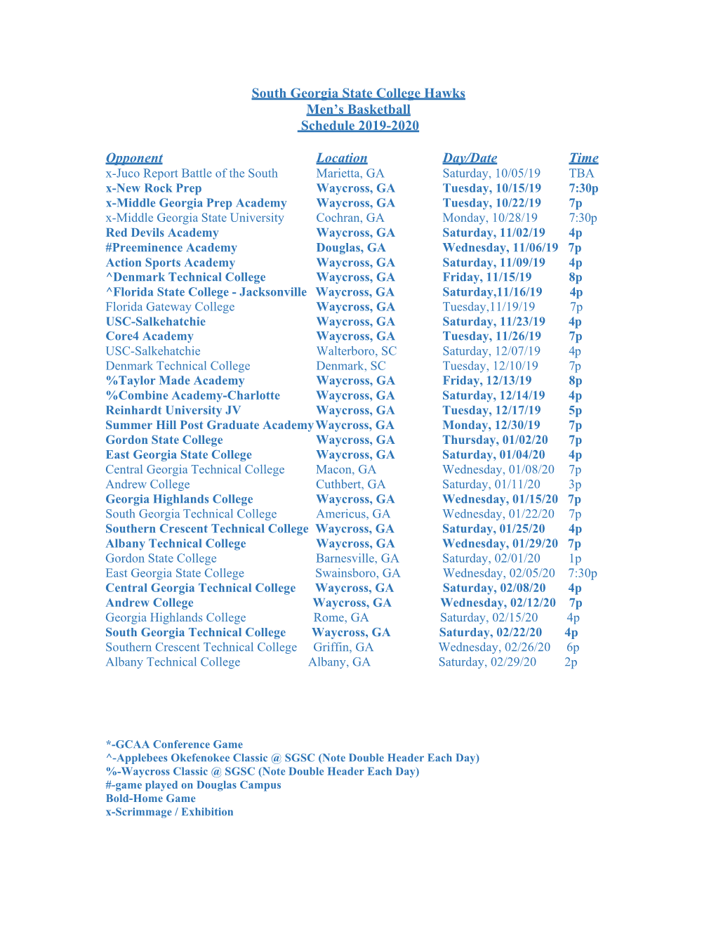 South Georgia State College Hawks Men's Basketball Schedule 2019