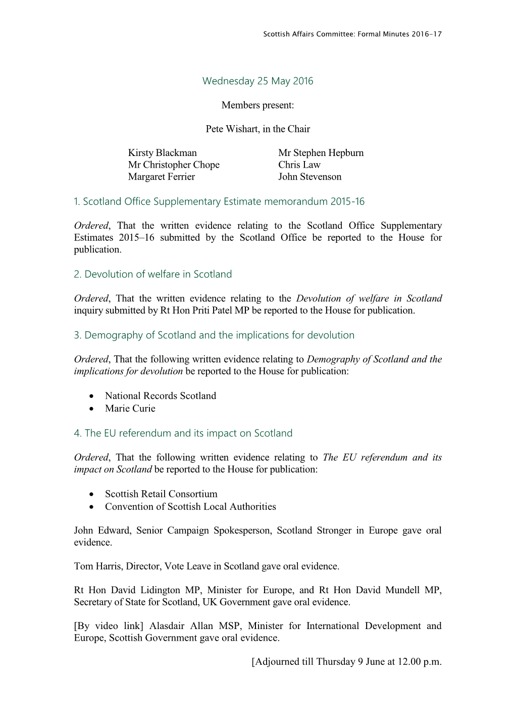 Scottish Affairs Committee Formal Minutes 2016–17