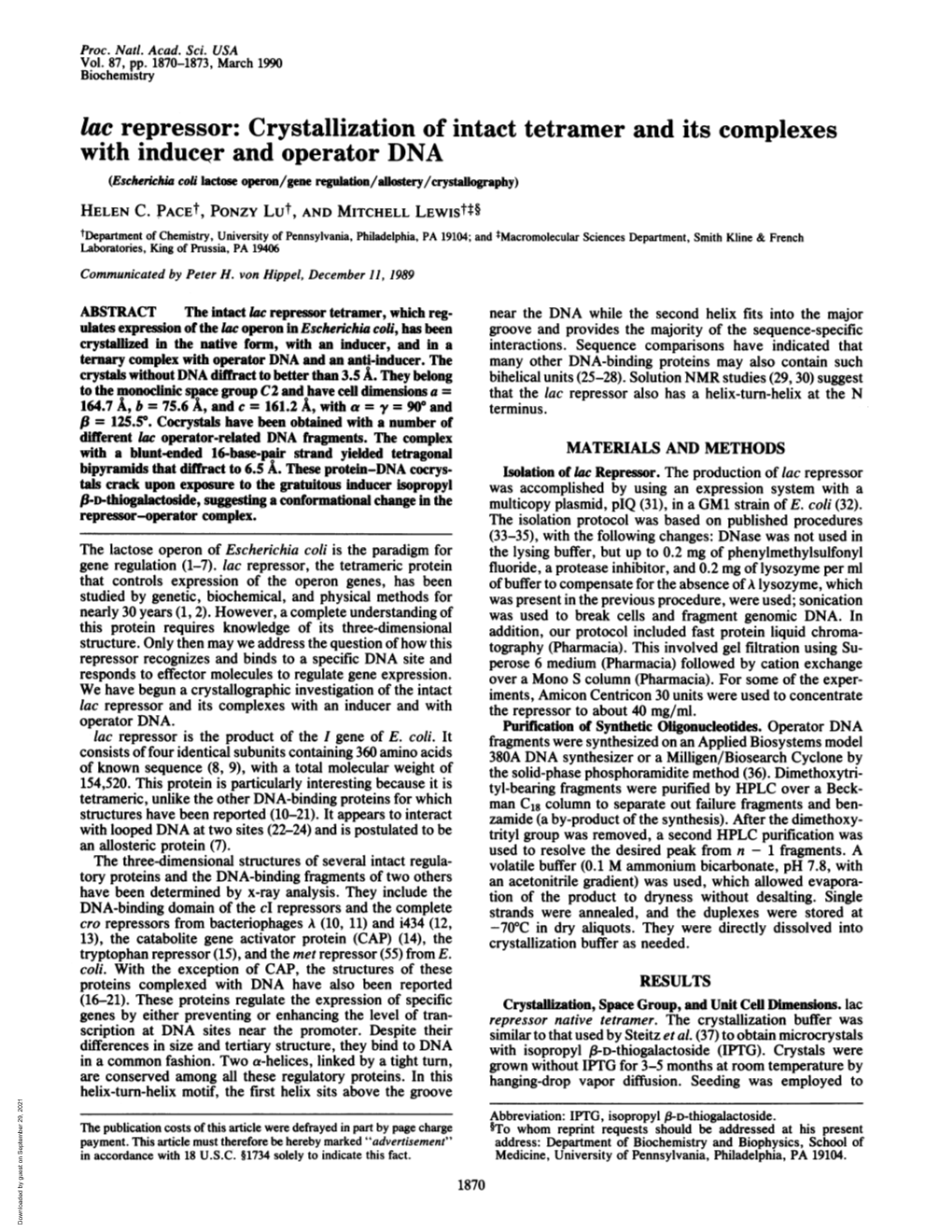 Lac Repressor: Crystallization of Intact Tetramer and Its Complexes