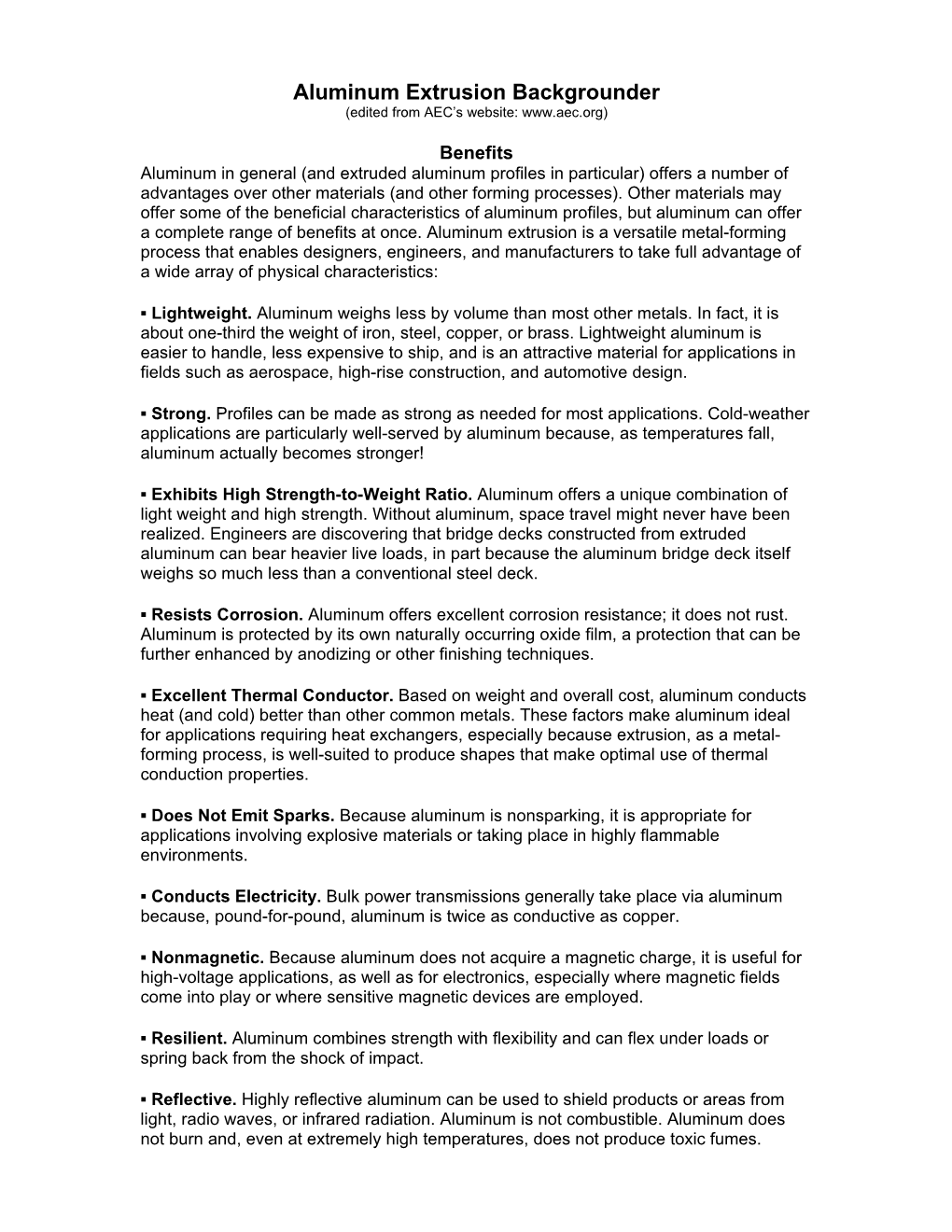 Aluminum Extrusion Backgrounder (Edited from AEC’S Website