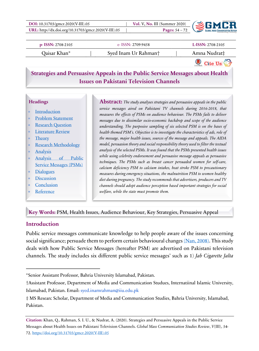 Strategies and Persuasive Appeals in the Public Service Messages About Health Issues on Pakistani Television Channels