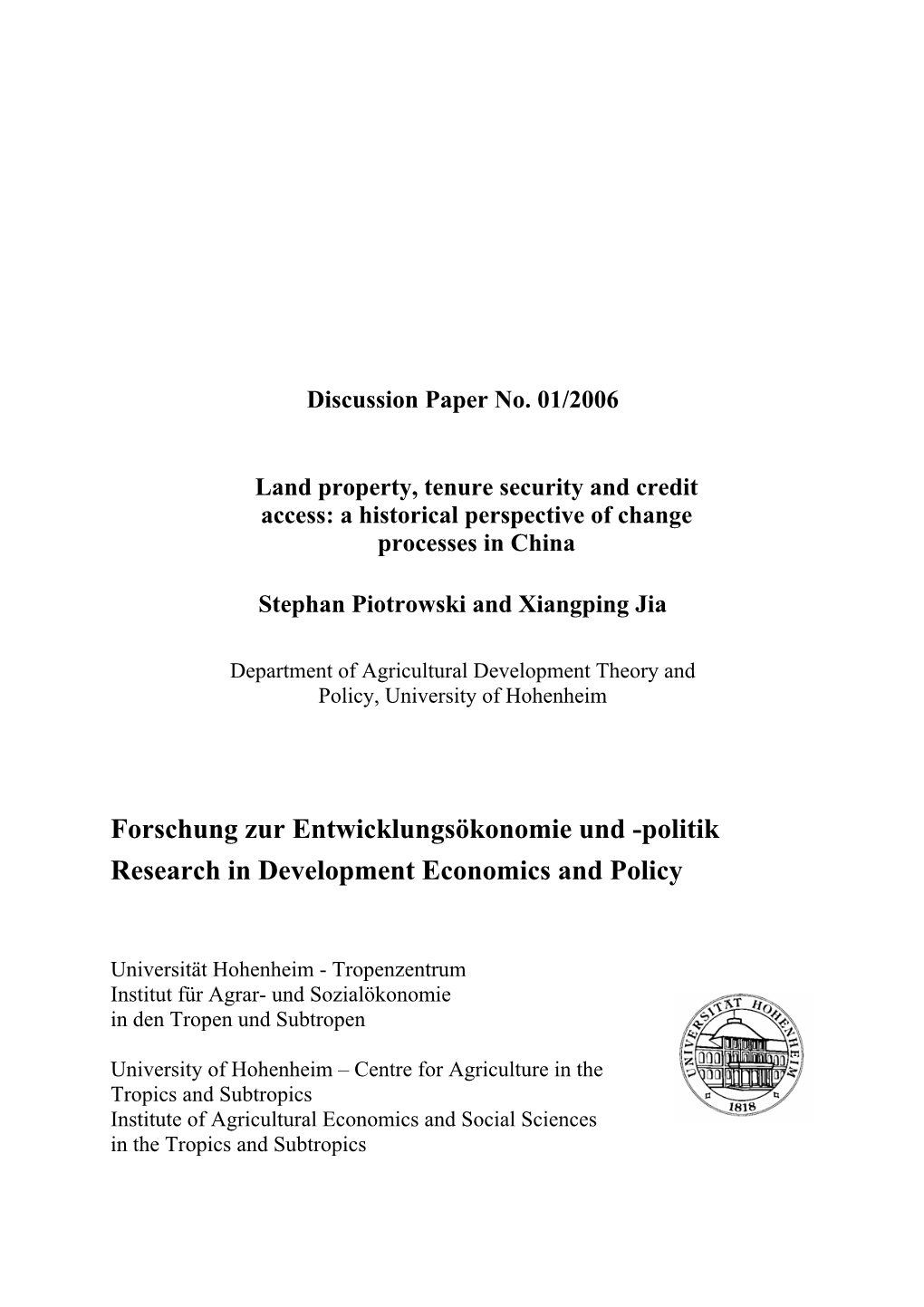 01/2006: Land Property, Tenure Security and Credit Access