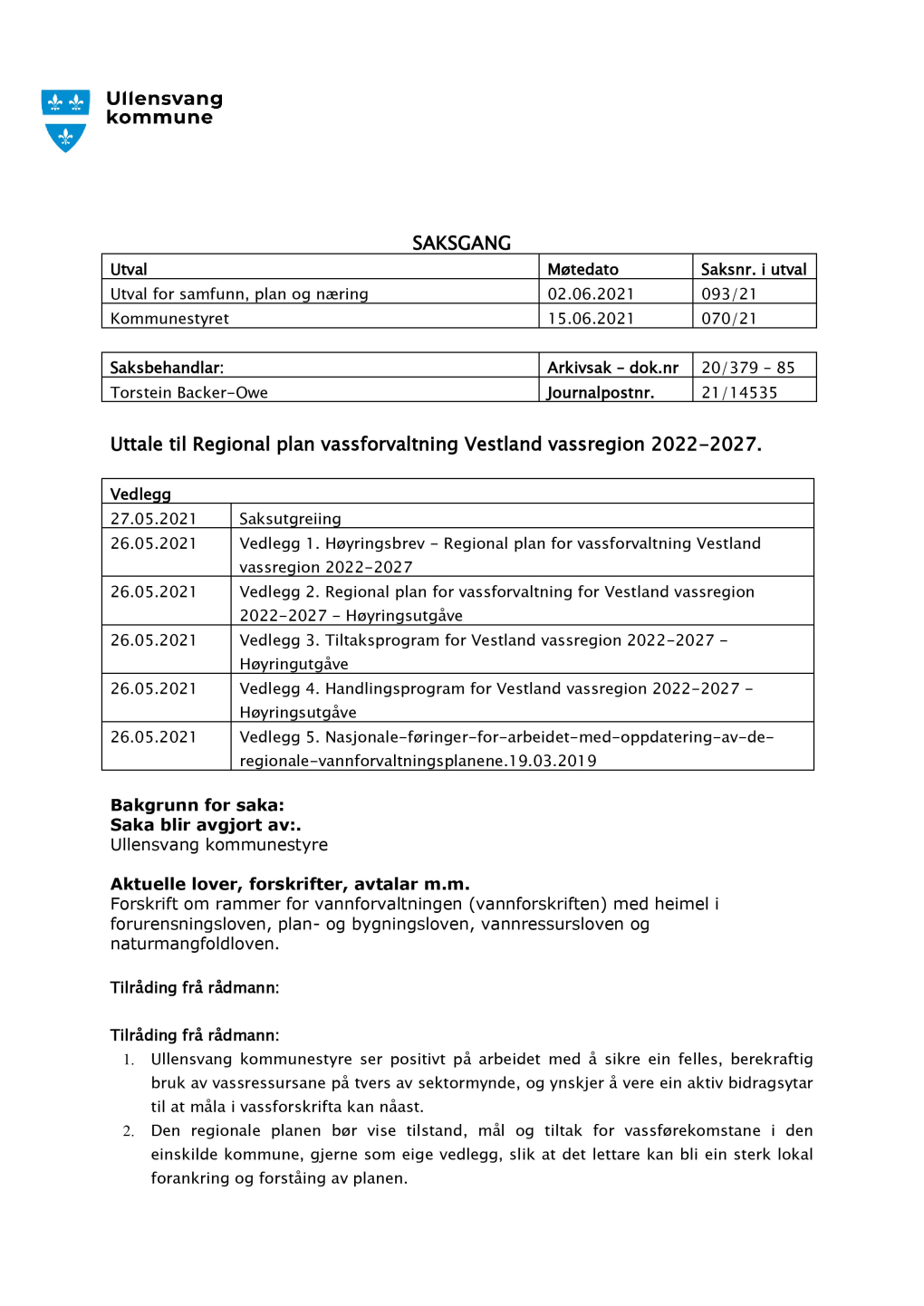 Uttale Til Regional Plan Vassforvaltning Vestland Vassregion 2022-2027