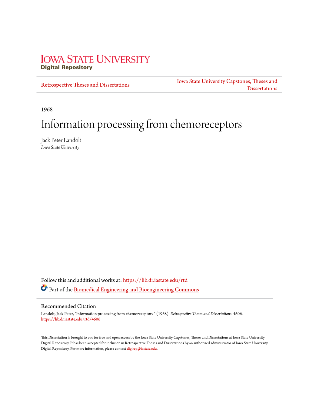 Information Processing from Chemoreceptors Jack Peter Landolt Iowa State University