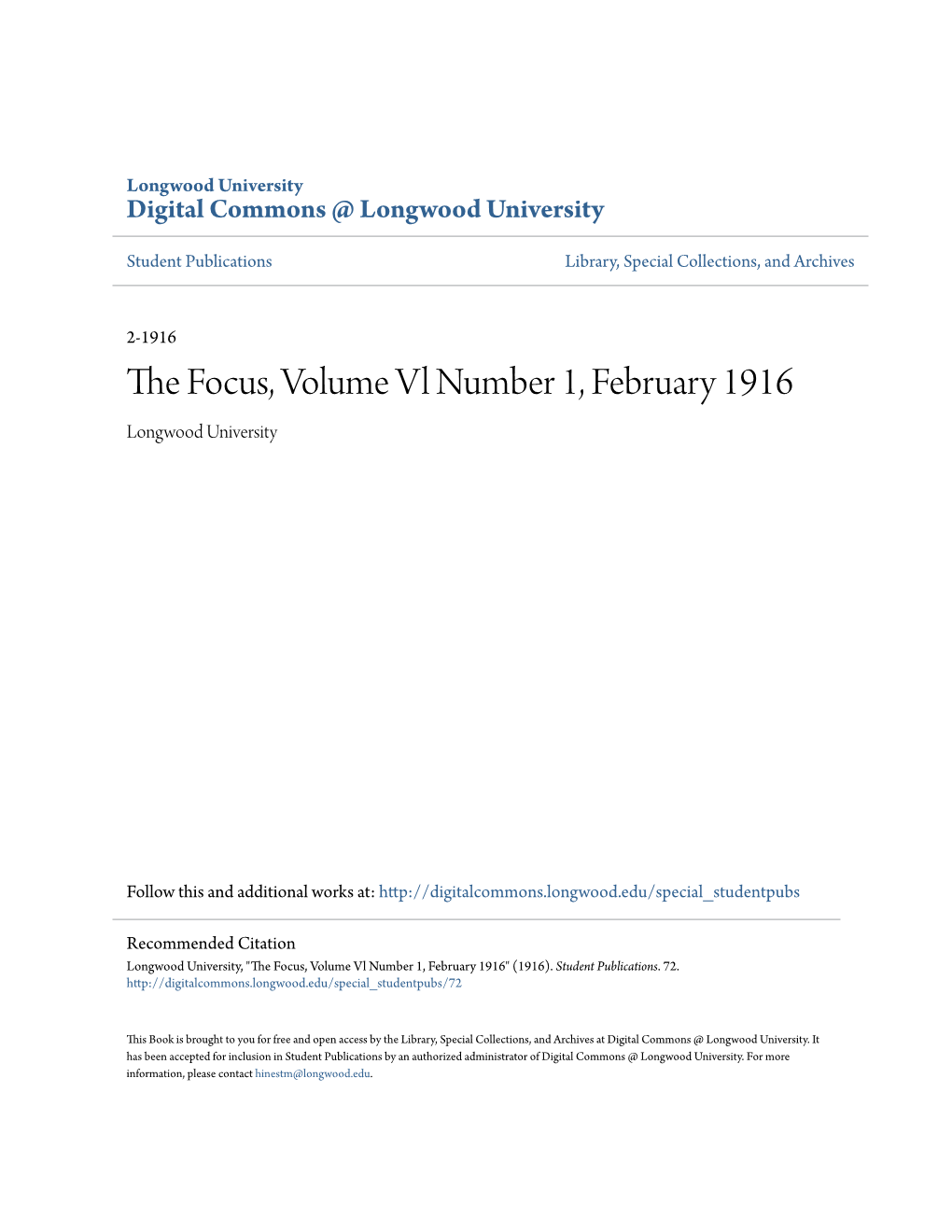 The Focus, Volume Vl Number 1, February 1916