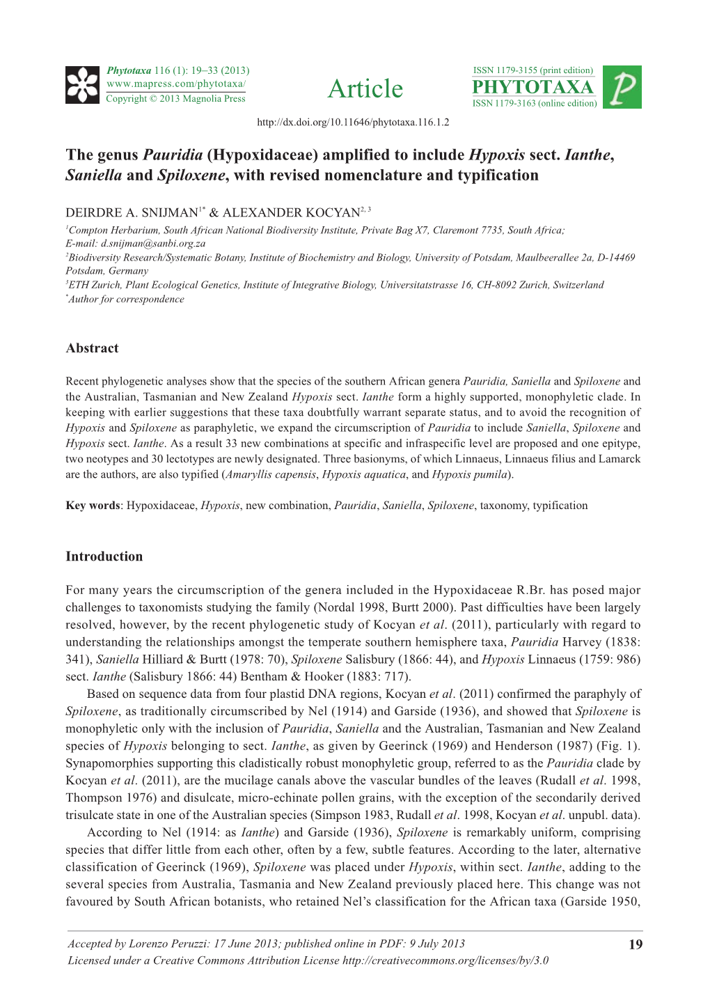 Amplified to Include Hypoxis Sect. Ianthe, Saniella and Spiloxene, with Revised Nomenclature and Typification