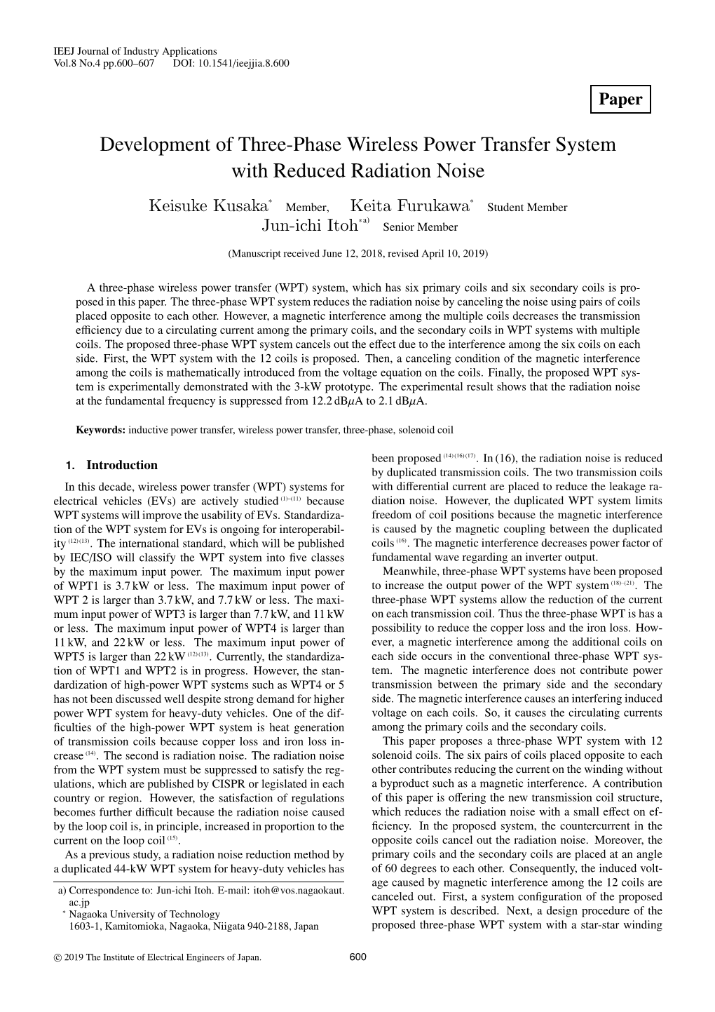 Development of Three-Phase Wireless Power Transfer System with Reduced Radiation Noise