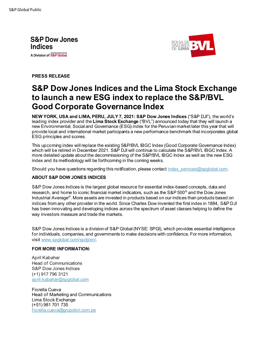 S&P Dow Jones Indices and the Lima Stock Exchange to Launch a New