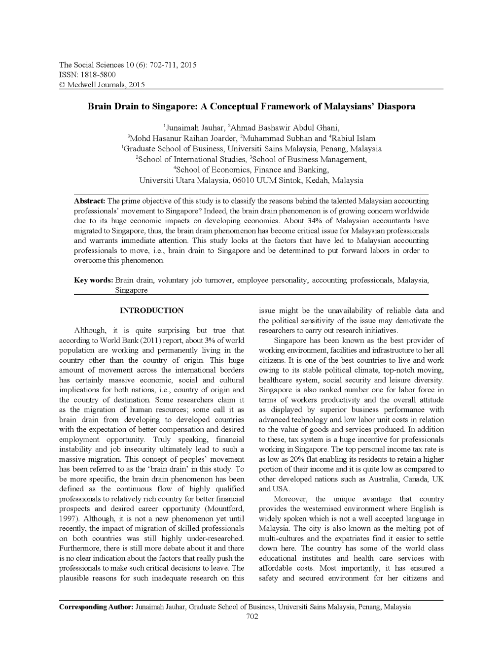 Brain Drain to Singapore: a Conceptual Framework of Malaysians' Diaspora