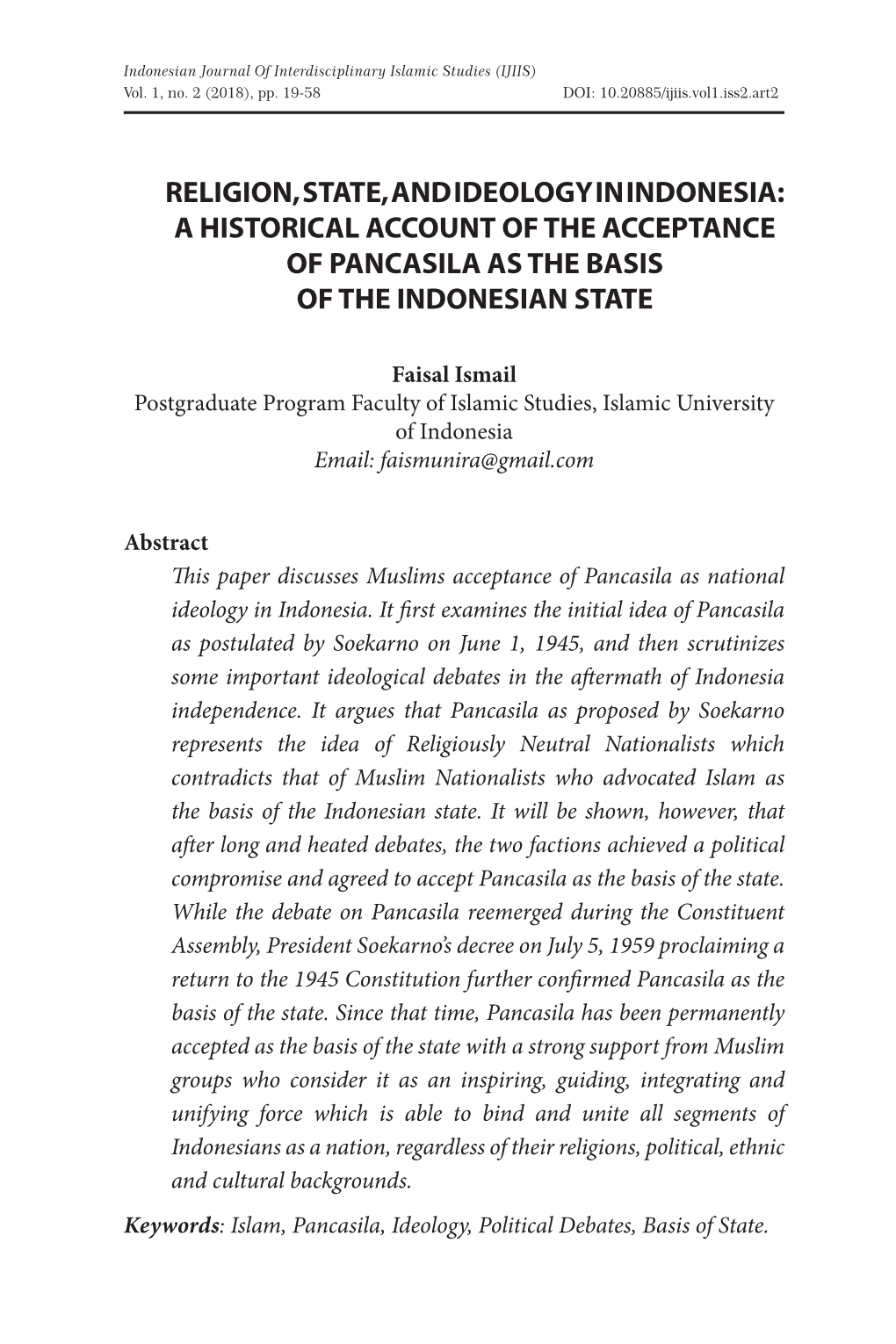 Religion, State, and Ideology in Indonesia: a Historical Account of the Acceptance of Pancasila As the Basis of the Indonesian State