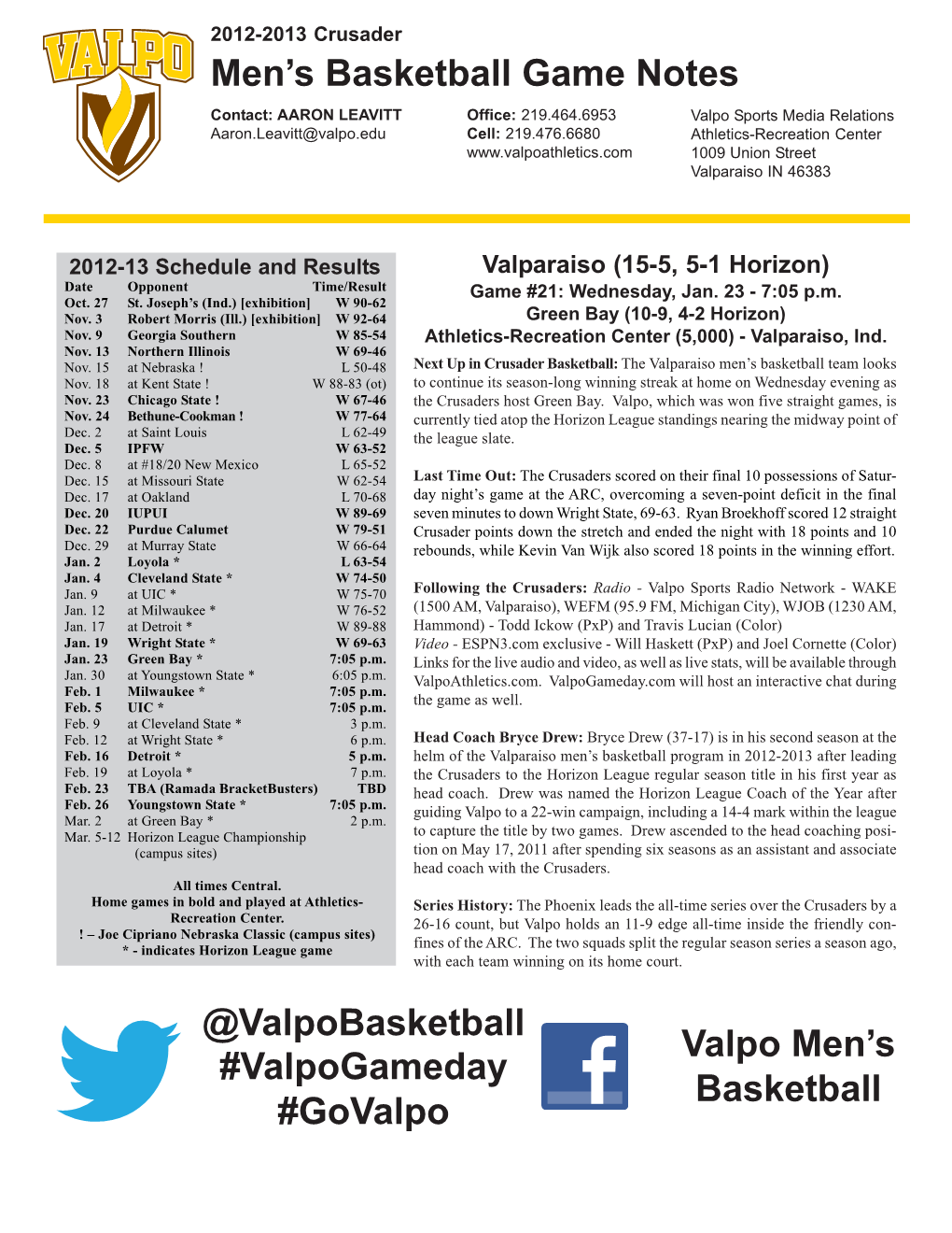 Men's Basketball Game Notes @Valpobasketball Valpo Men's