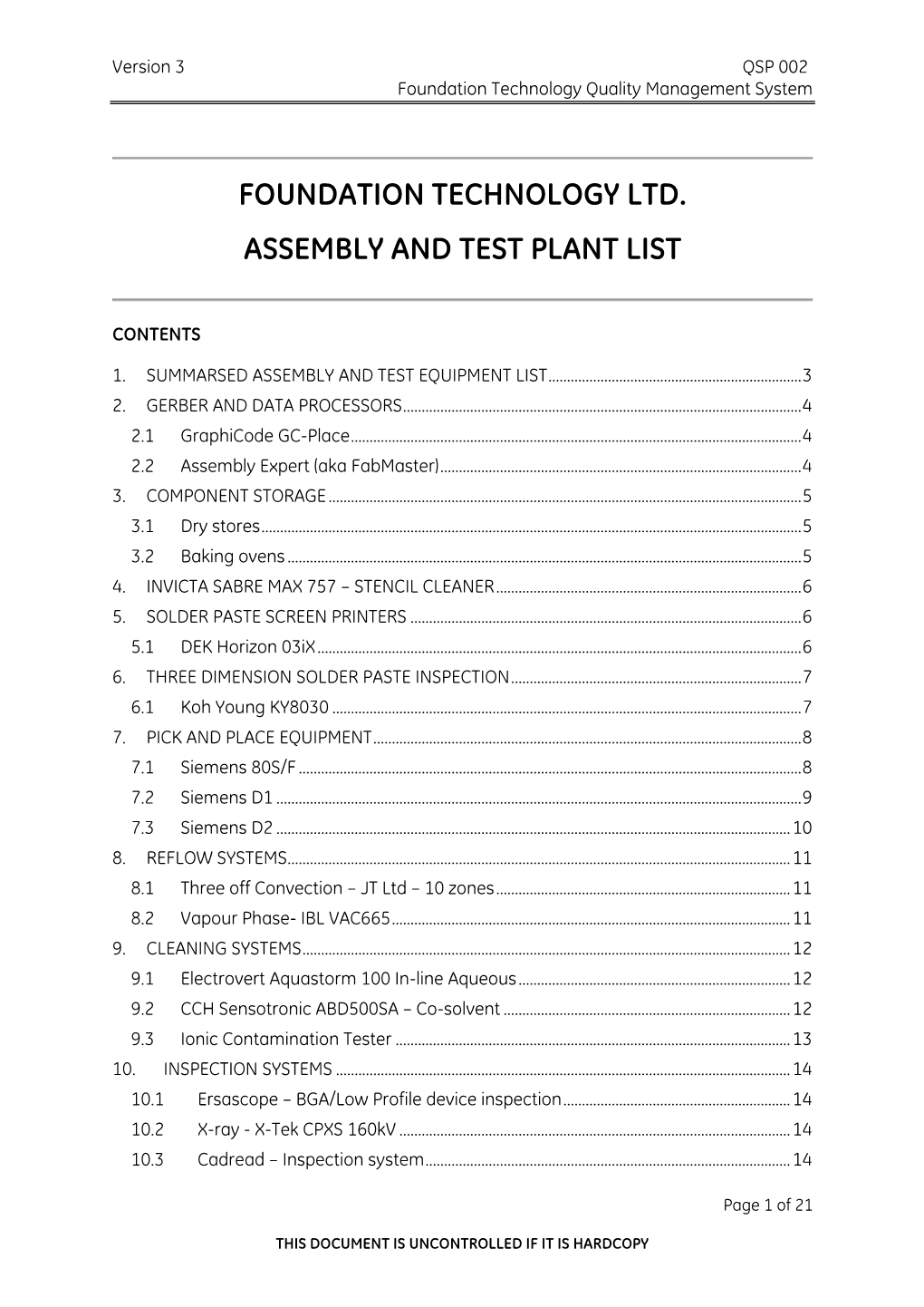 Foundation Technology Ltd. Assembly and Test Plant List