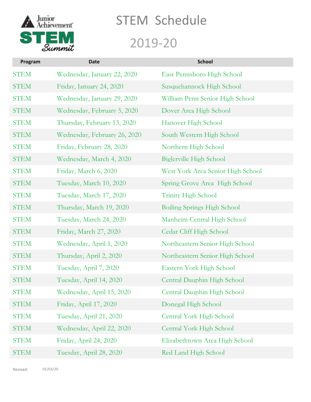 STEM Schedule 2019-20