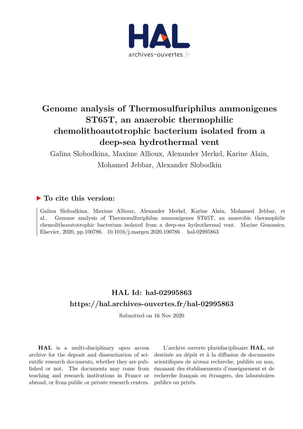 Genome Analysis of Thermosulfuriphilus Ammonigenes