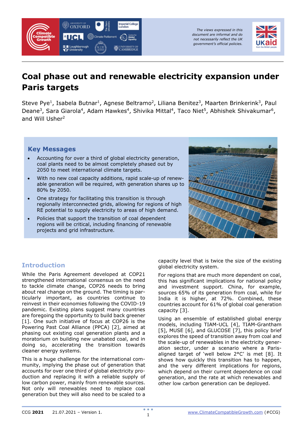 Coal Phase out and Renewable Electricity Expansion Under Paris Targets